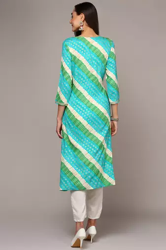 women blue viscose rayon leheriya embroidered straight kurta