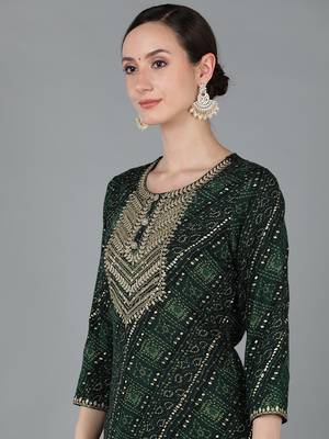 women green viscose rayon bandhani embroidered straight kurta 2