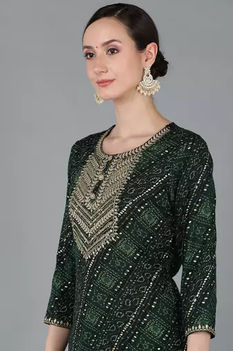 women green viscose rayon bandhani embroidered straight kurta