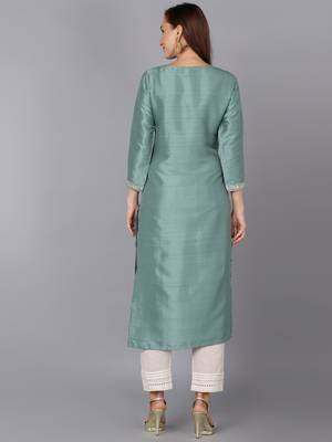 women teal silk blend solid embroidered straight kurta 4