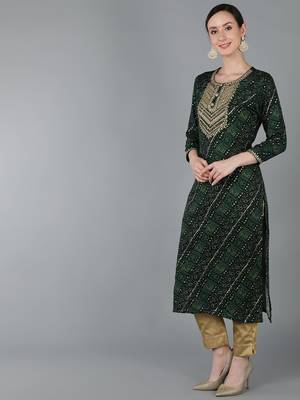 women green viscose rayon bandhani embroidered straight kurta 3