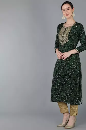 women green viscose rayon bandhani embroidered straight kurta