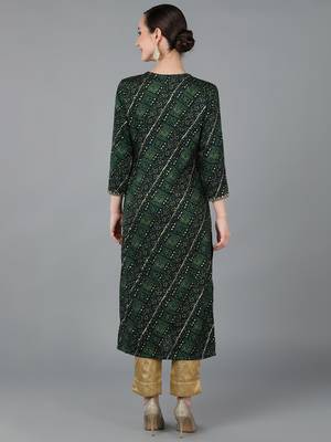 women green viscose rayon bandhani embroidered straight kurta 4