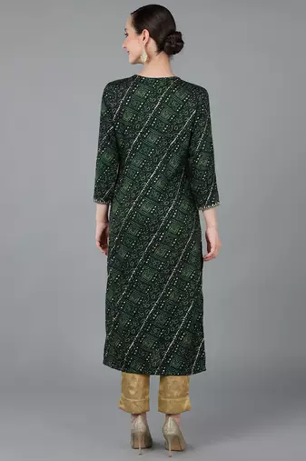 women green viscose rayon bandhani embroidered straight kurta