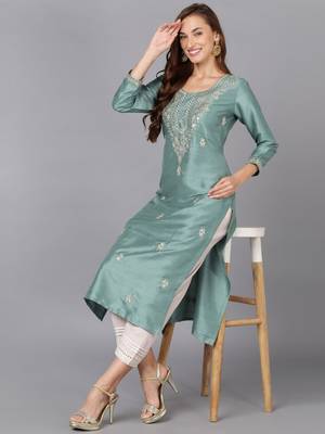 women teal silk blend solid embroidered straight kurta 5