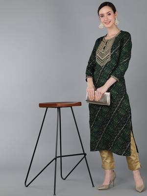women green viscose rayon bandhani embroidered straight kurta 5