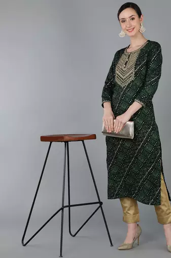 women green viscose rayon bandhani embroidered straight kurta