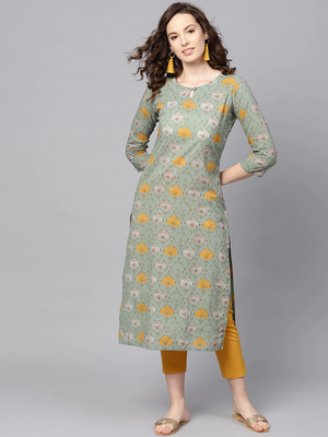 women green rayon blend ethnic motifs printed straight kurta 1
