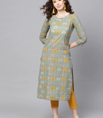 women green rayon blend ethnic motifs printed straight kurta