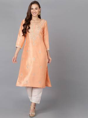 women peach silk blend solid embroidered straight kurta 1
