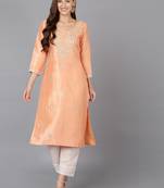 women peach silk blend solid embroidered straight kurta