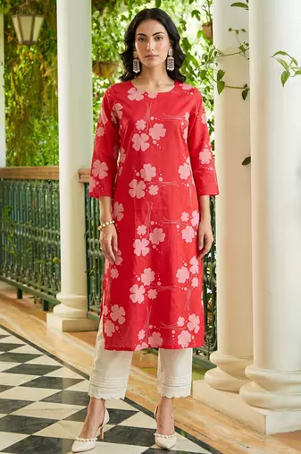 women coral cotton floral printed straight kurta