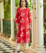 women coral cotton floral printed straight kurta