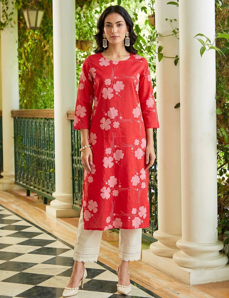 women coral cotton floral printed straight kurta