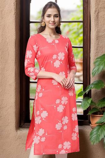 women coral cotton floral printed straight kurta