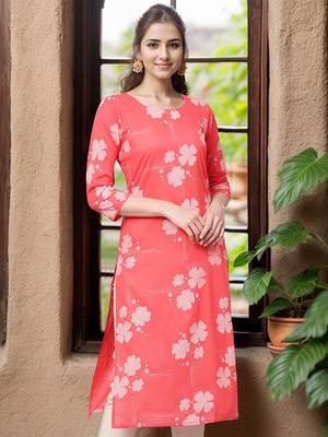 women coral cotton floral printed straight kurta 1