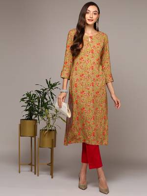 women green viscose rayon floral printed straight kurta 1