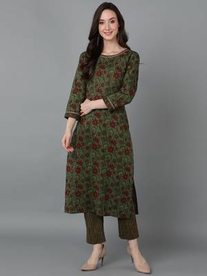Ahika women green cotton floral printed straight kurta 1