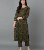 Ahika women green cotton floral printed straight kurta
