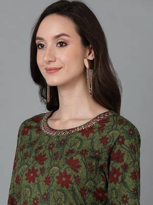 Ahika women green cotton floral printed straight kurta 2