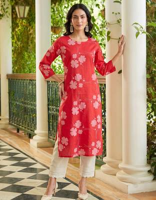 women coral cotton floral printed straight kurta 2
