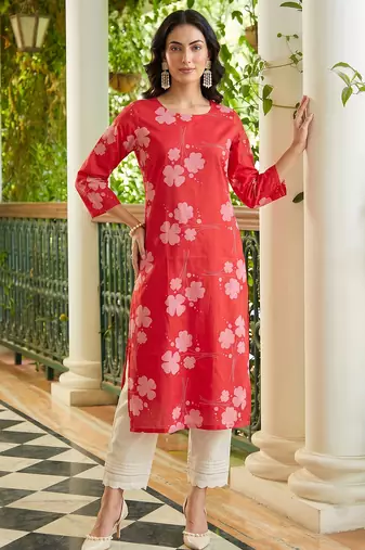 women coral cotton floral printed straight kurta