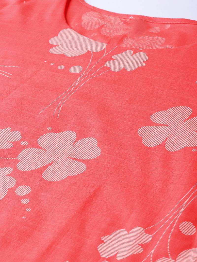 women coral cotton floral printed straight kurta