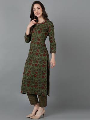 Ahika women green cotton floral printed straight kurta 3