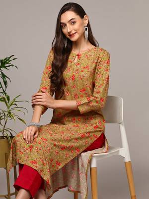 women green viscose rayon floral printed straight kurta 2