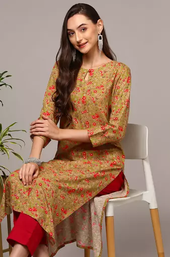 women green viscose rayon floral printed straight kurta