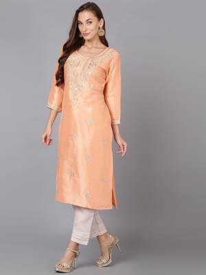 women peach silk blend solid embroidered straight kurta 3