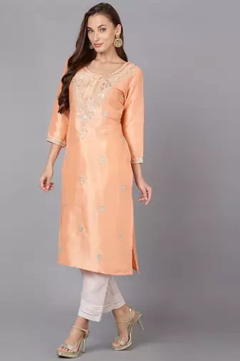 women peach silk blend solid embroidered straight kurta