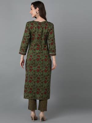 Ahika women green cotton floral printed straight kurta 4