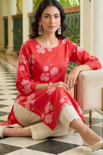 women coral cotton floral printed straight kurta