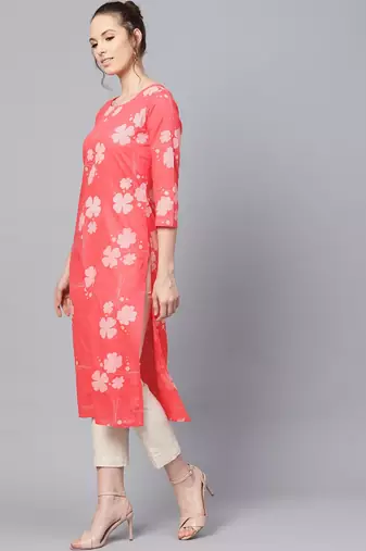 women coral cotton floral printed straight kurta