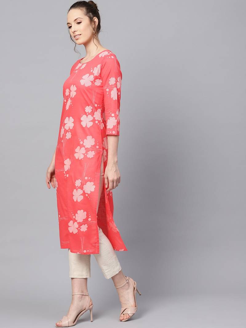 women coral cotton floral printed straight kurta