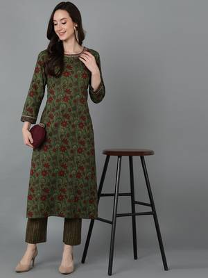 Ahika women green cotton floral printed straight kurta 5