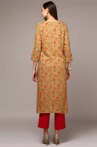 women green viscose rayon floral printed straight kurta