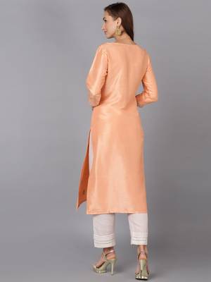 women peach silk blend solid embroidered straight kurta 4