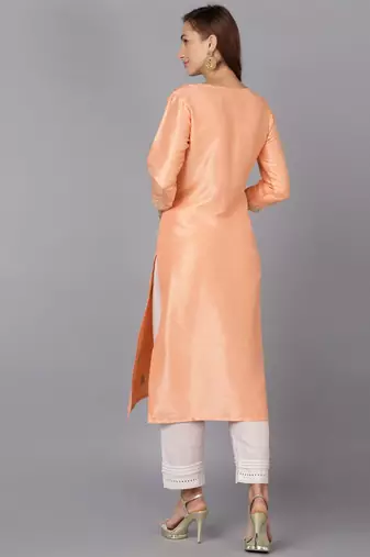 women peach silk blend solid embroidered straight kurta