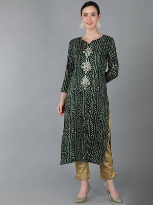 women green viscose rayon bandhani embroidered straight kurta 1