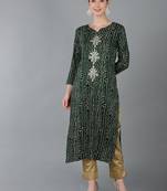 women green viscose rayon bandhani embroidered straight kurta