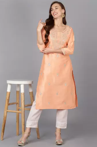 women peach silk blend solid embroidered straight kurta