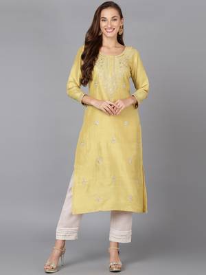 women yellow silk blend solid embroidered straight kurta 1