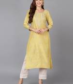 women yellow silk blend solid embroidered straight kurta