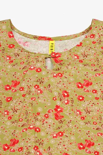 women green viscose rayon floral printed straight kurta