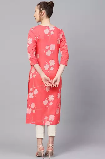 women coral cotton floral printed straight kurta