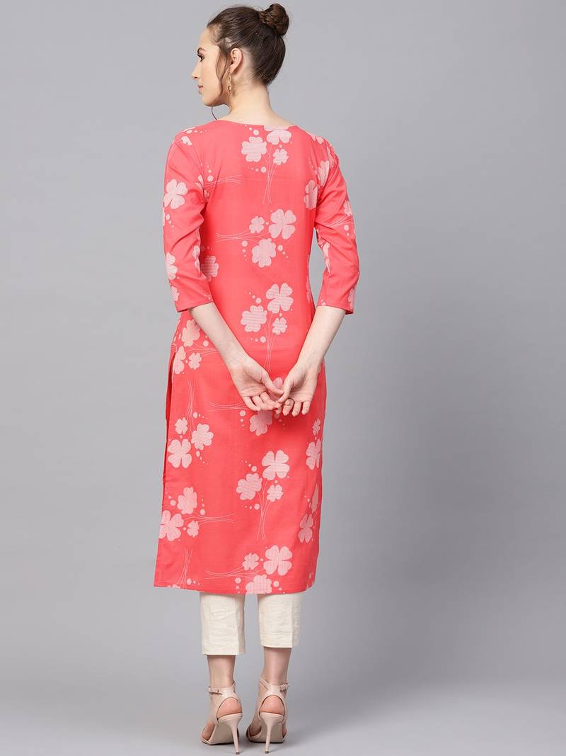 women coral cotton floral printed straight kurta