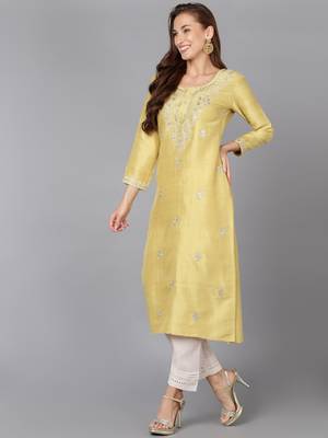 women yellow silk blend solid embroidered straight kurta 3