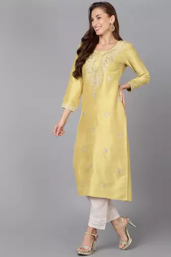women yellow silk blend solid embroidered straight kurta